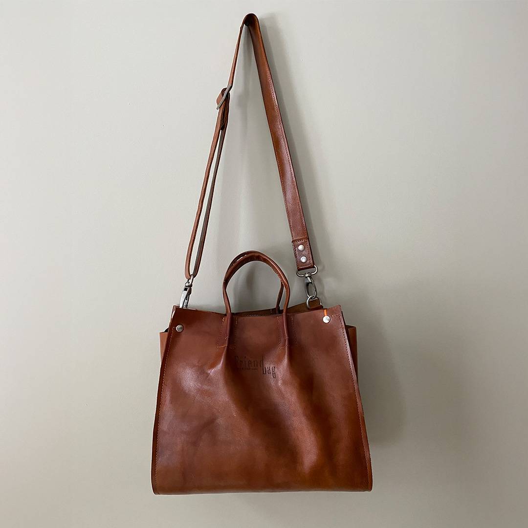 Cognac leren totebag leren handgemaakte tas